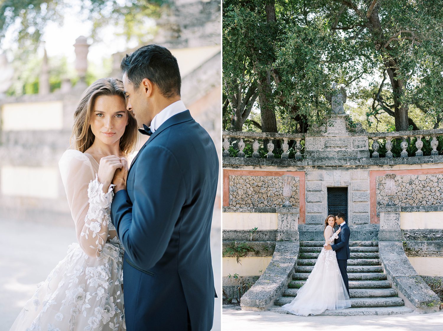 groom kisses bride's forehead during portraits on steps at Vizcaya Museum