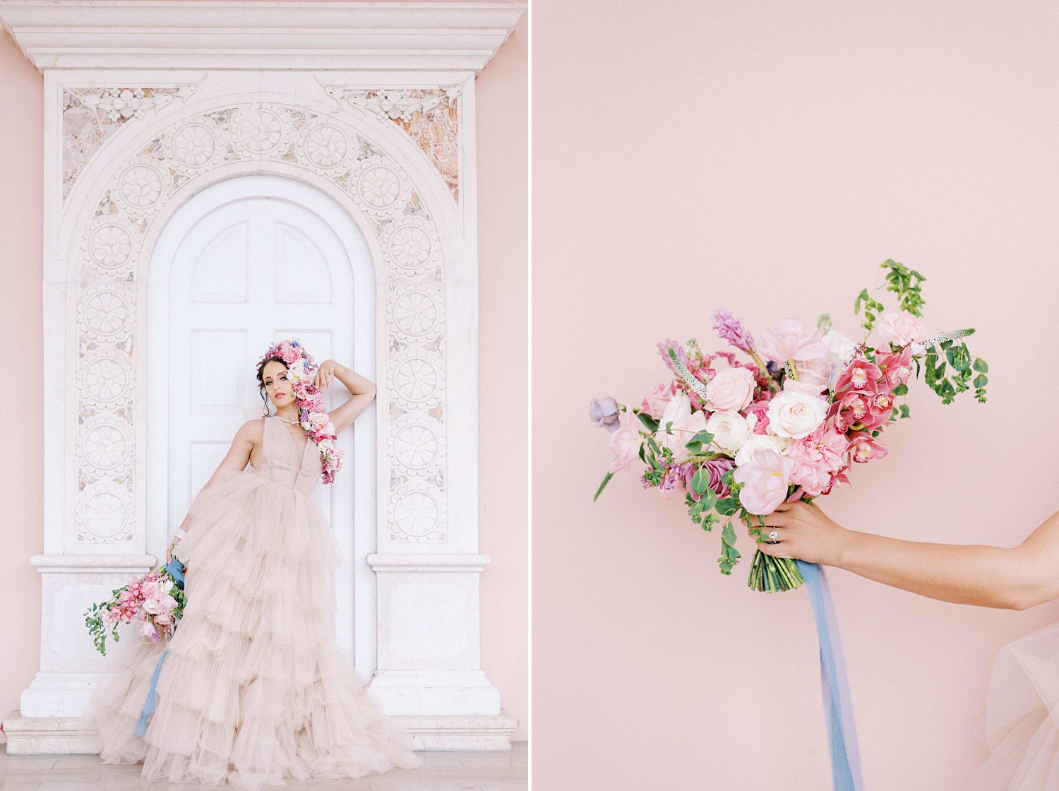 bride stands in pink window holding bouquet at The Ringling Museum