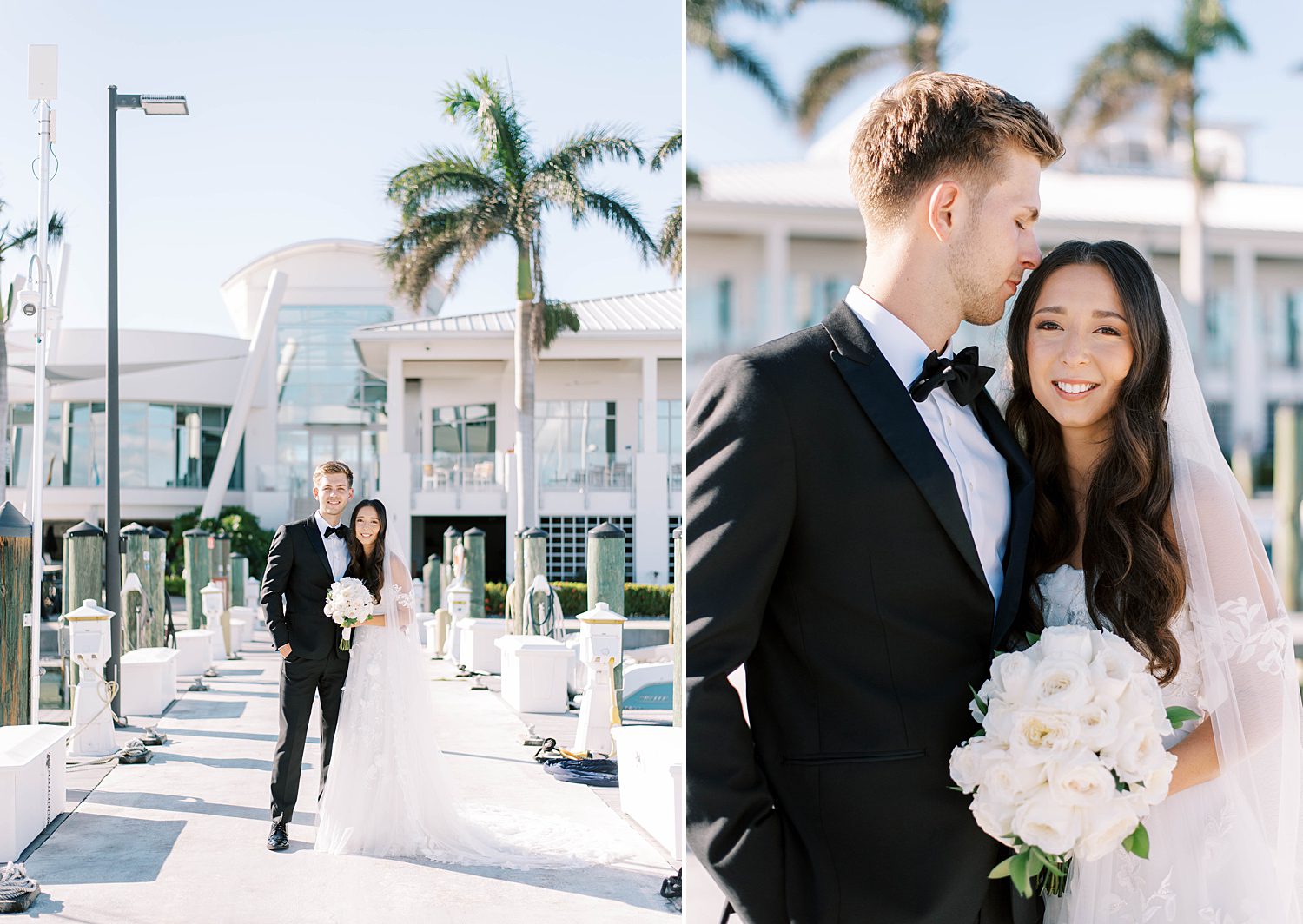 groom leans to kiss bride's forehead during portraits at Sarasota Yacht Club