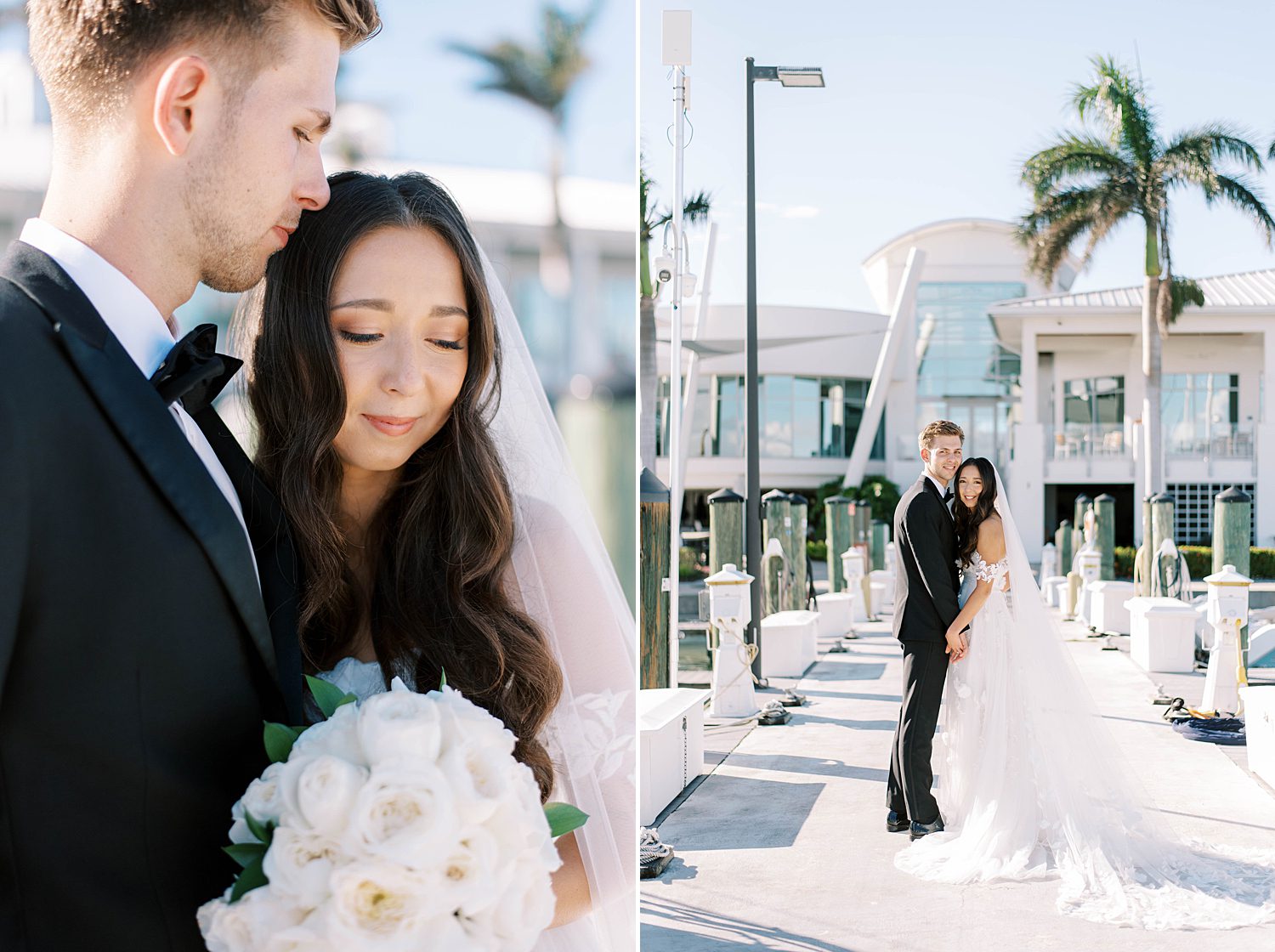 groom leans to kiss bride's head standing on dock outside Sarasota Yacht Club