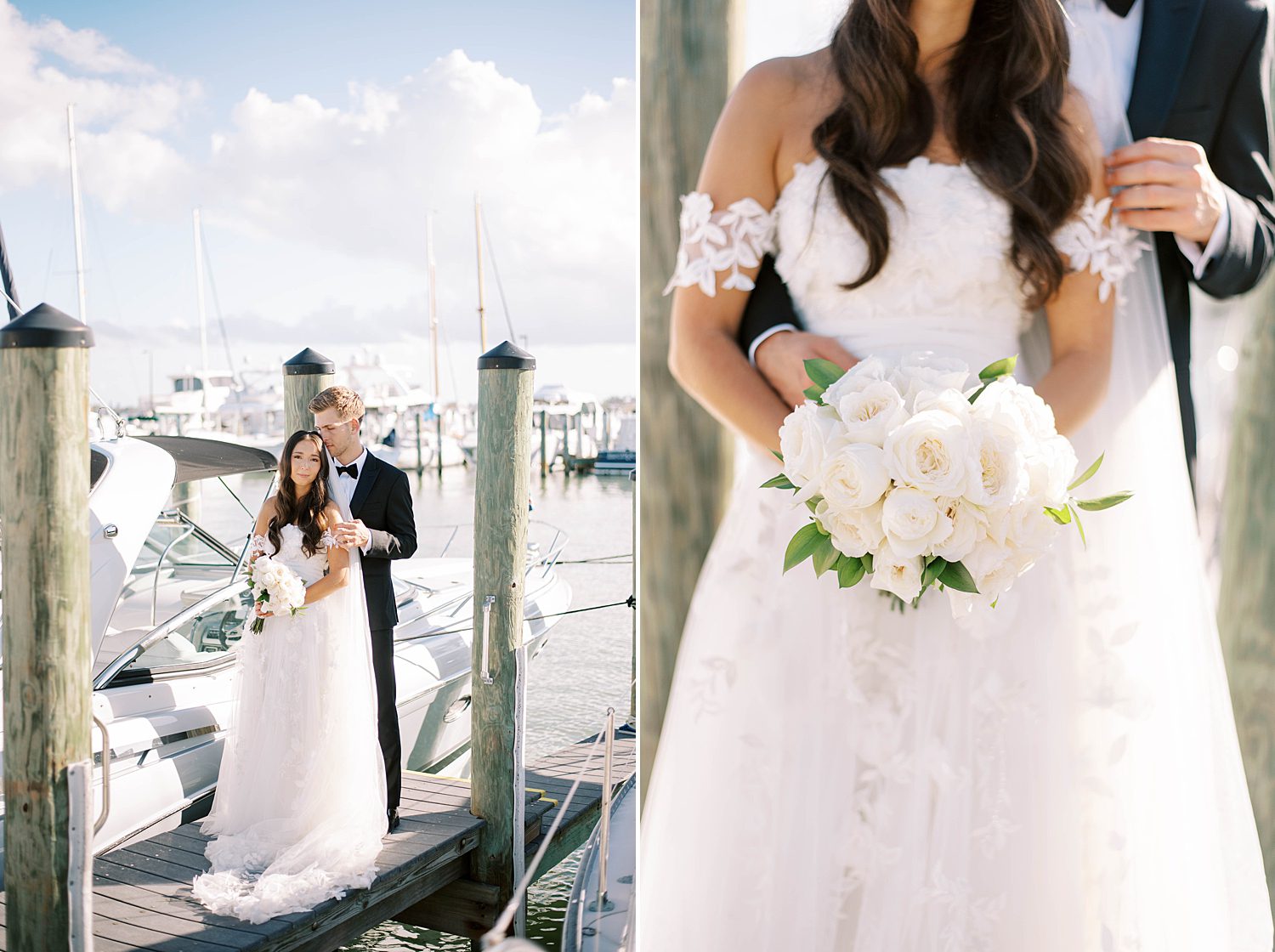 bride in off-the-shoulder gown holds bouquet of all white flowers
