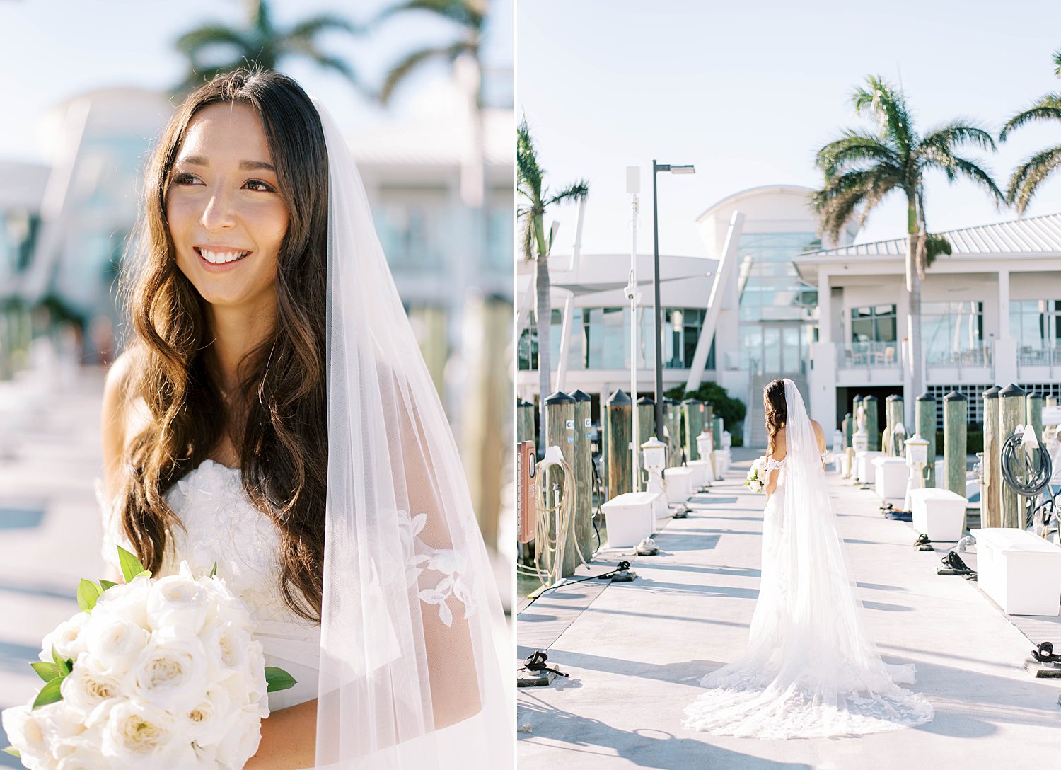 bride smiles with veil around shoulders on dock at Sarasota Yacht Club