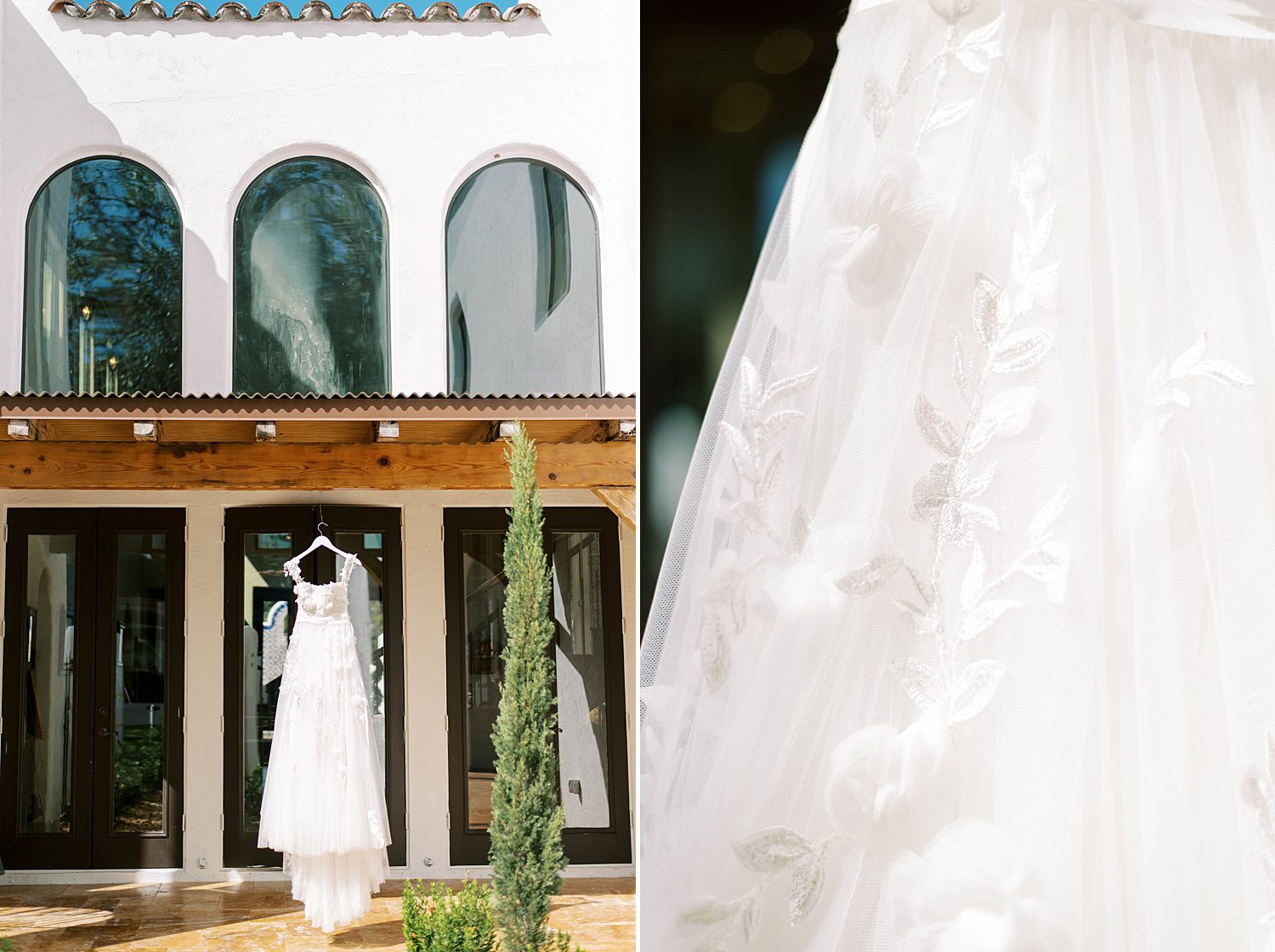 wedding dress hangs in doorway at Sarasota Yacht Club