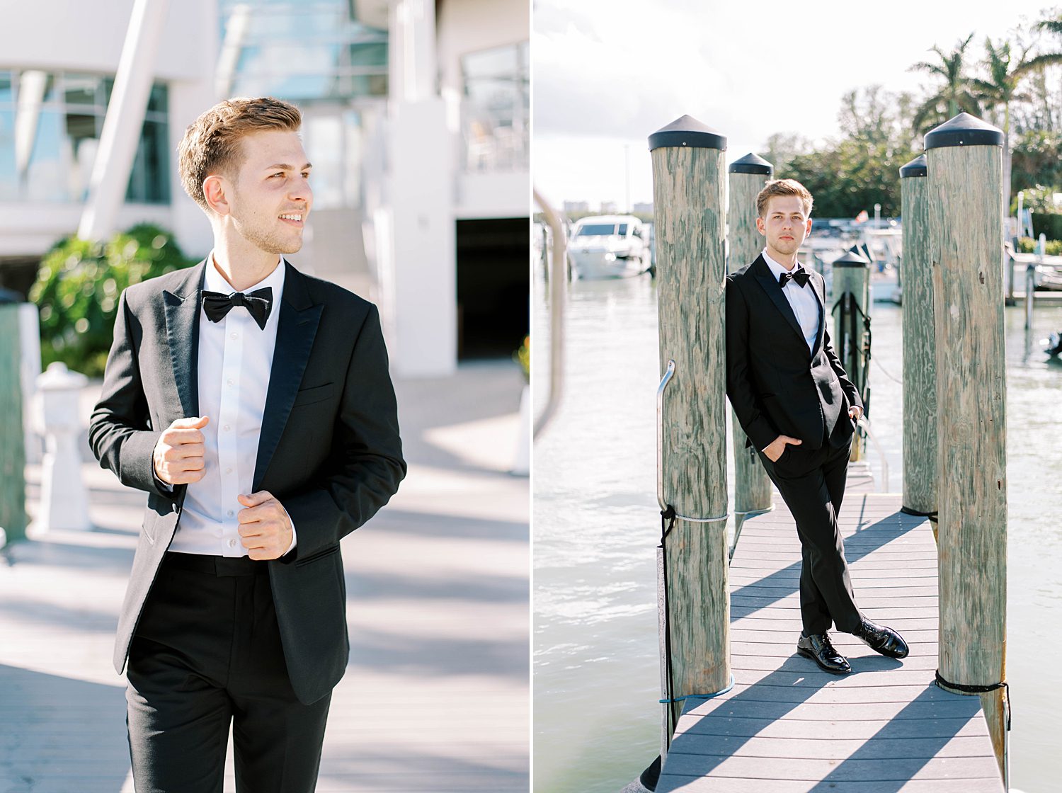 groom stands on dock at Sarasota Yacht Club leaning against wooden pillar