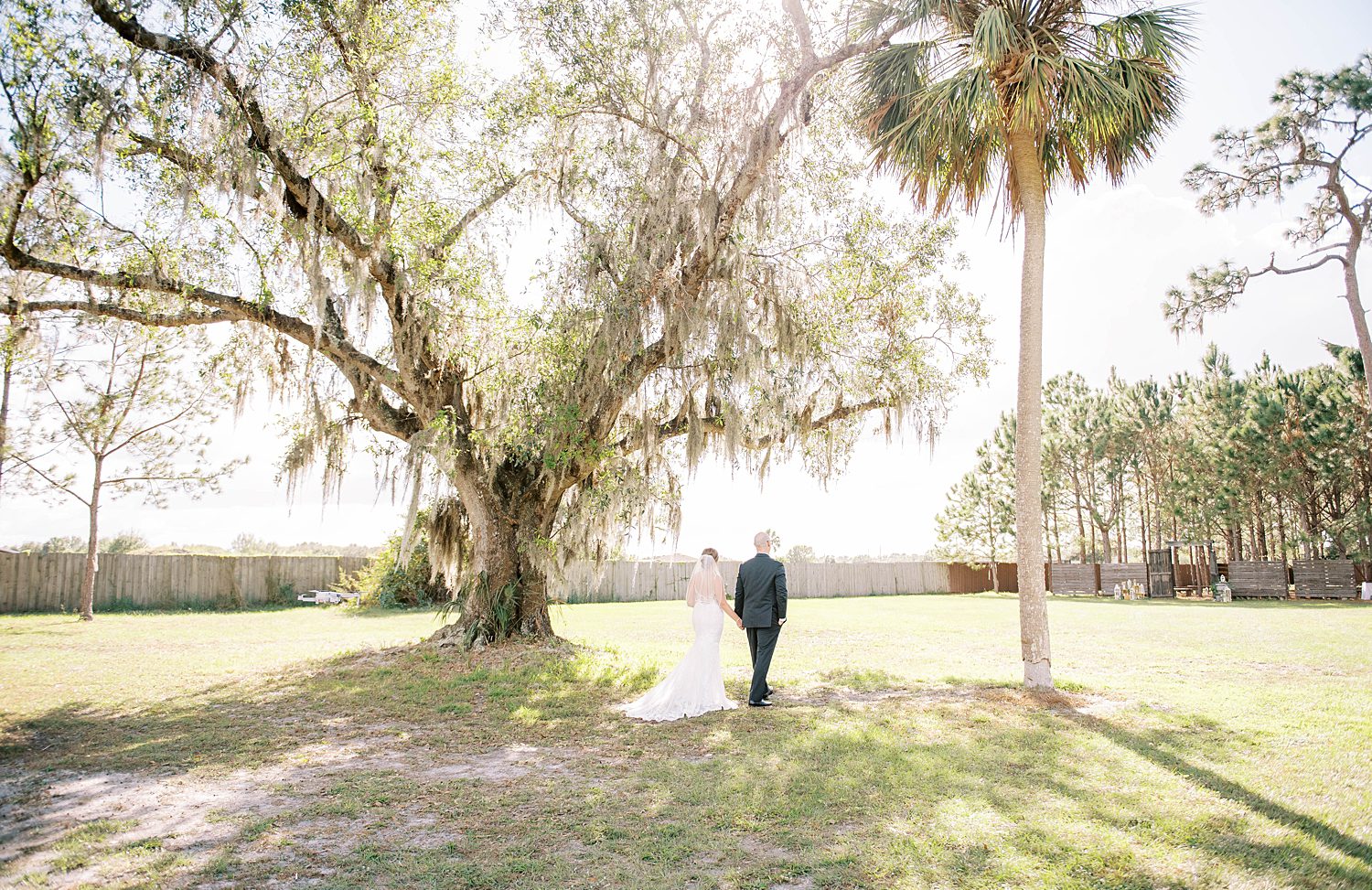bride and groom walk under oak tree at The Barn at Lone Oak Acres