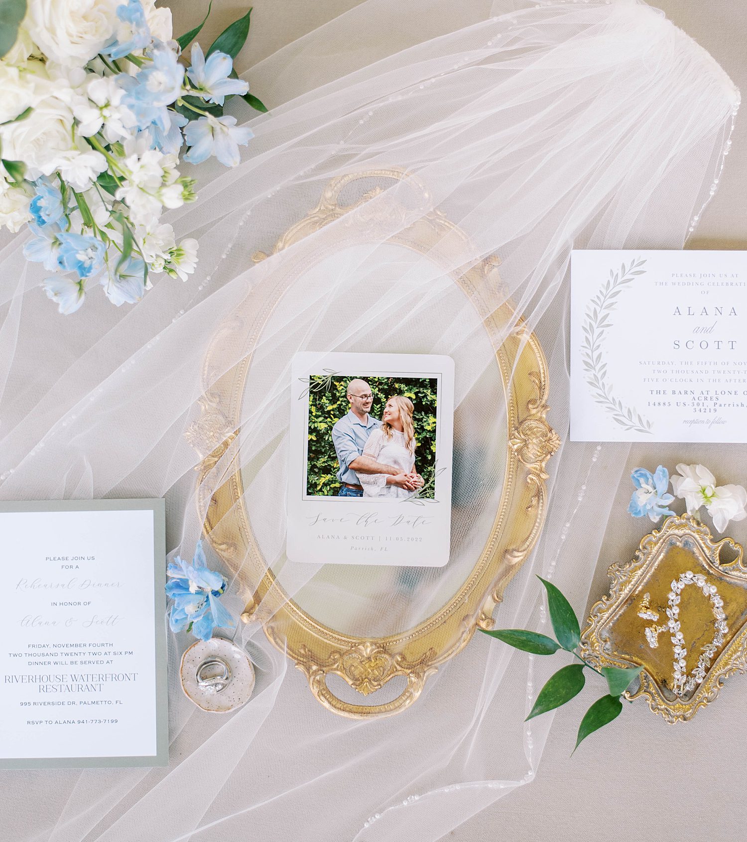 details for Tampa FL wedding day on bride's veil and gold plate
