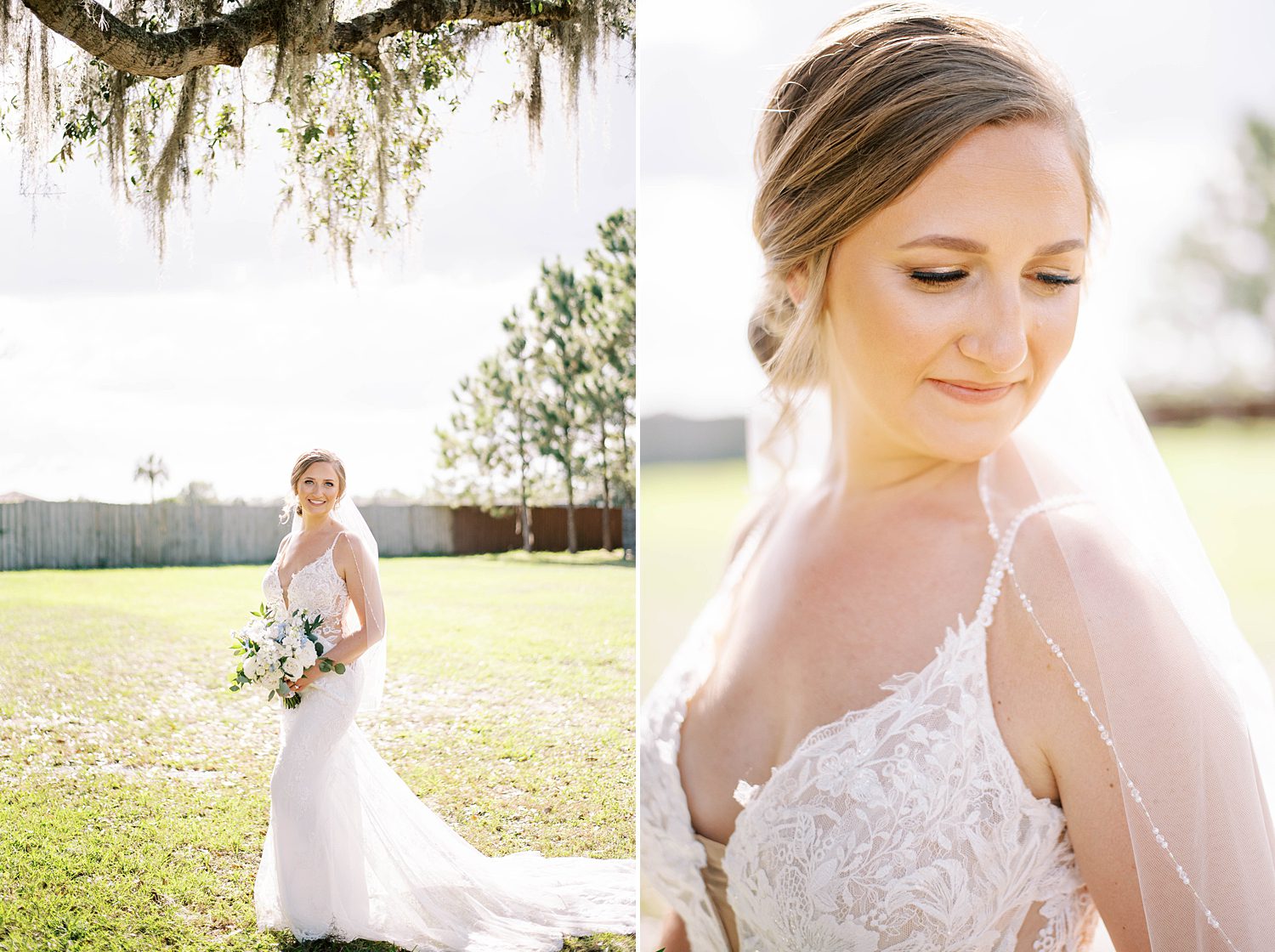 bride smiles holding bouquet of white and blue flowers at The Barn at Lone Oak Acres