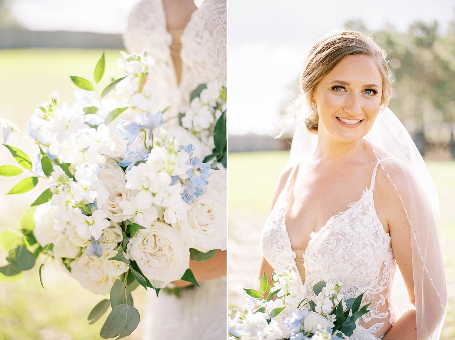 bride smiles holding bouquet of white and blue flowers