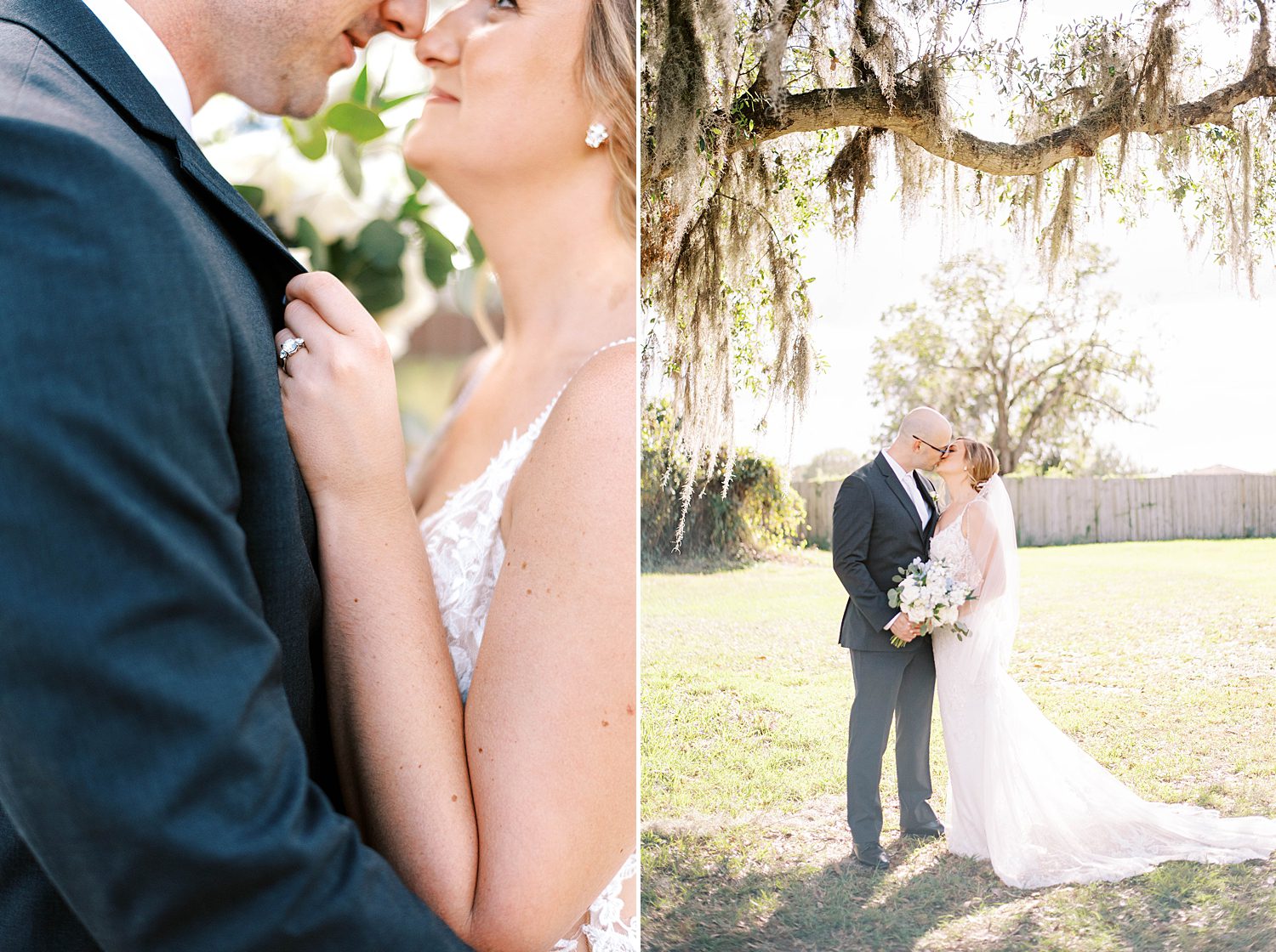 bride hugs groom close holding his lapel during wedding photos