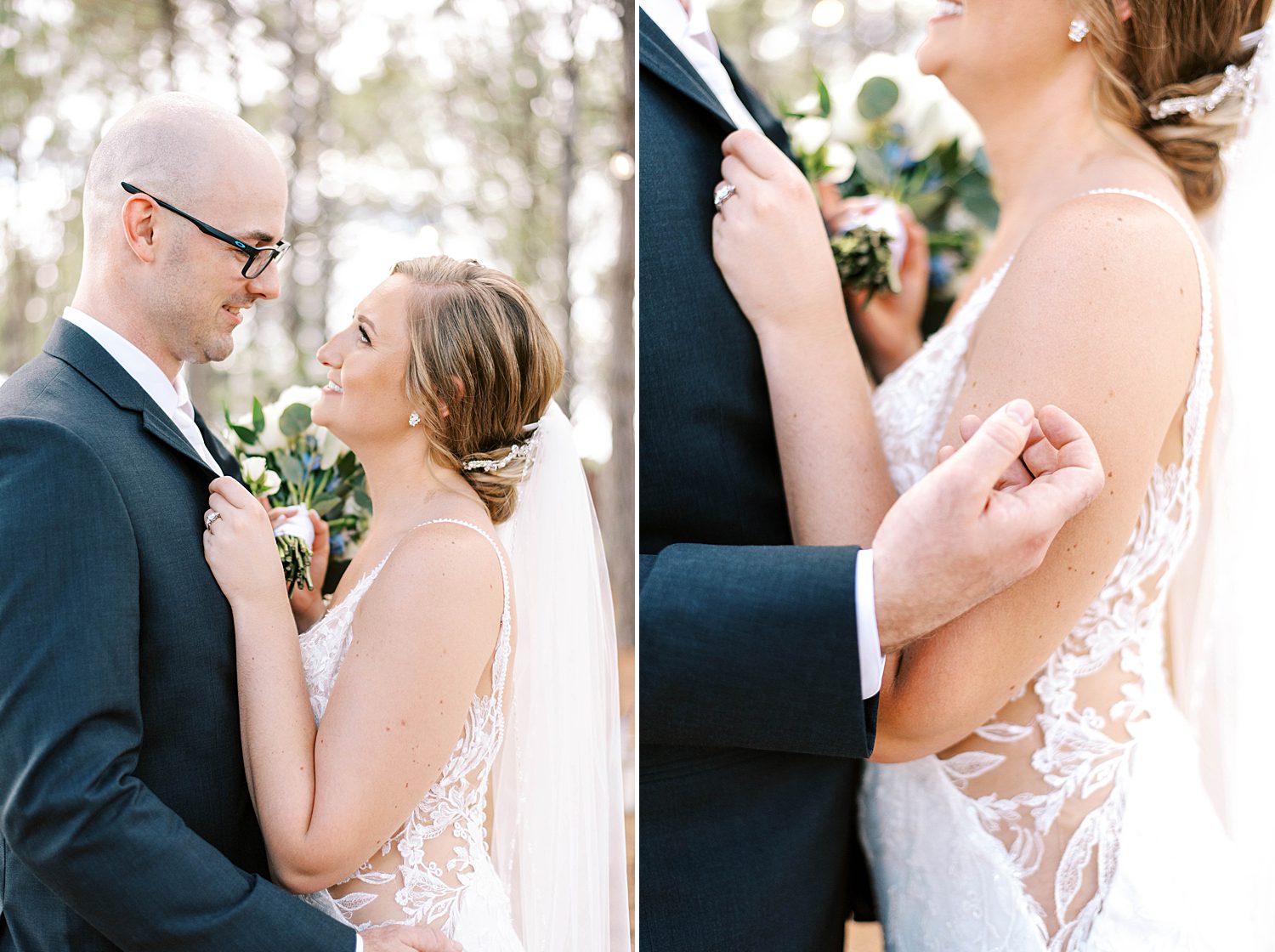 bride smiles up at groom holding his lapel