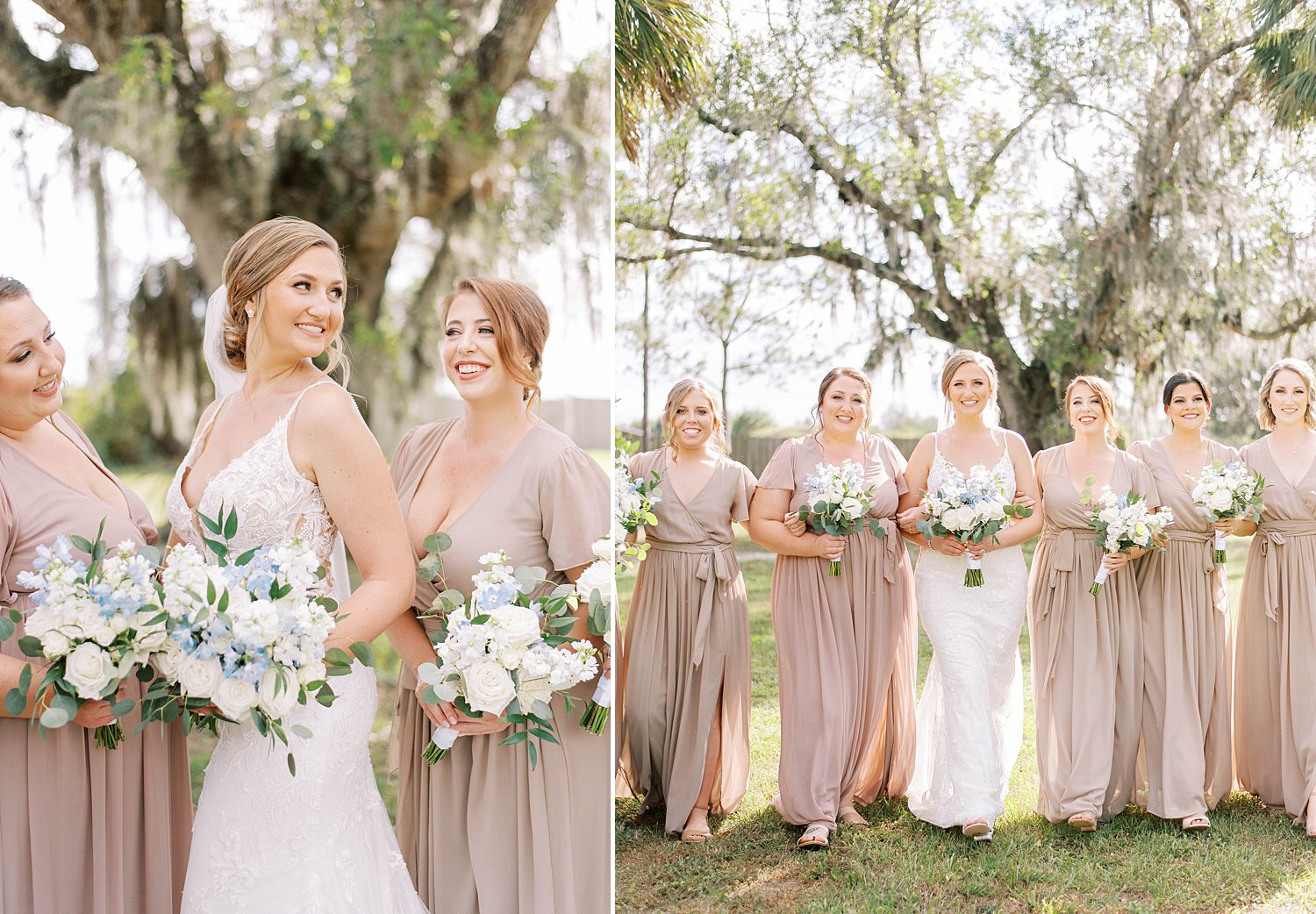 bride stands with bridesmaids in pale pink gowns at The Barn at Lone Oak Acres