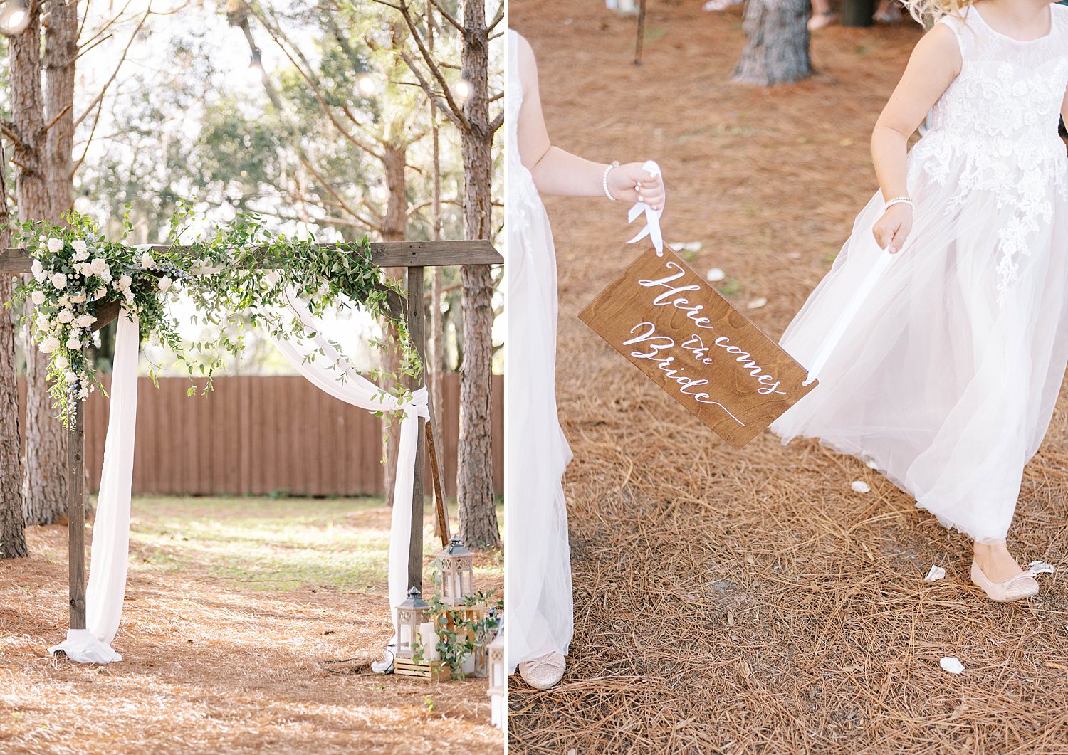 flower girls walk down aisle with sign at The Barn at Lone Oak Acres