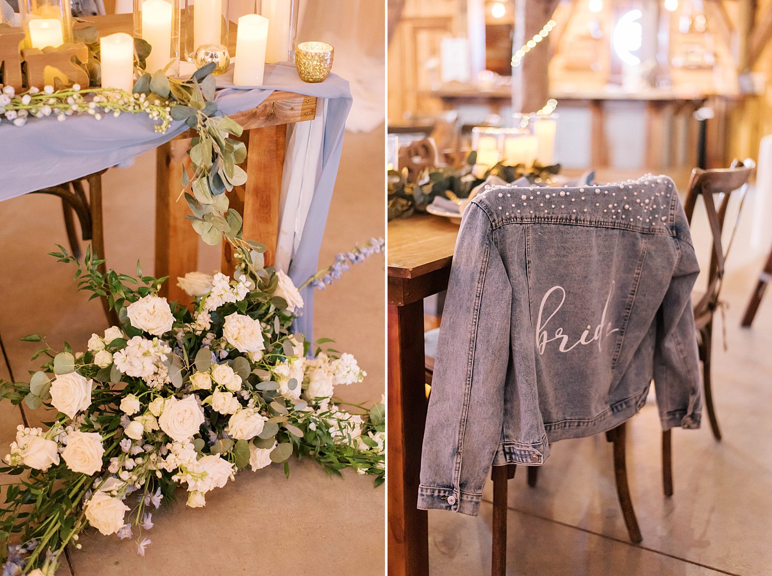 jean jacket with "bride" on back hangs on wooden chair at The Barn at Lone Oak Acres