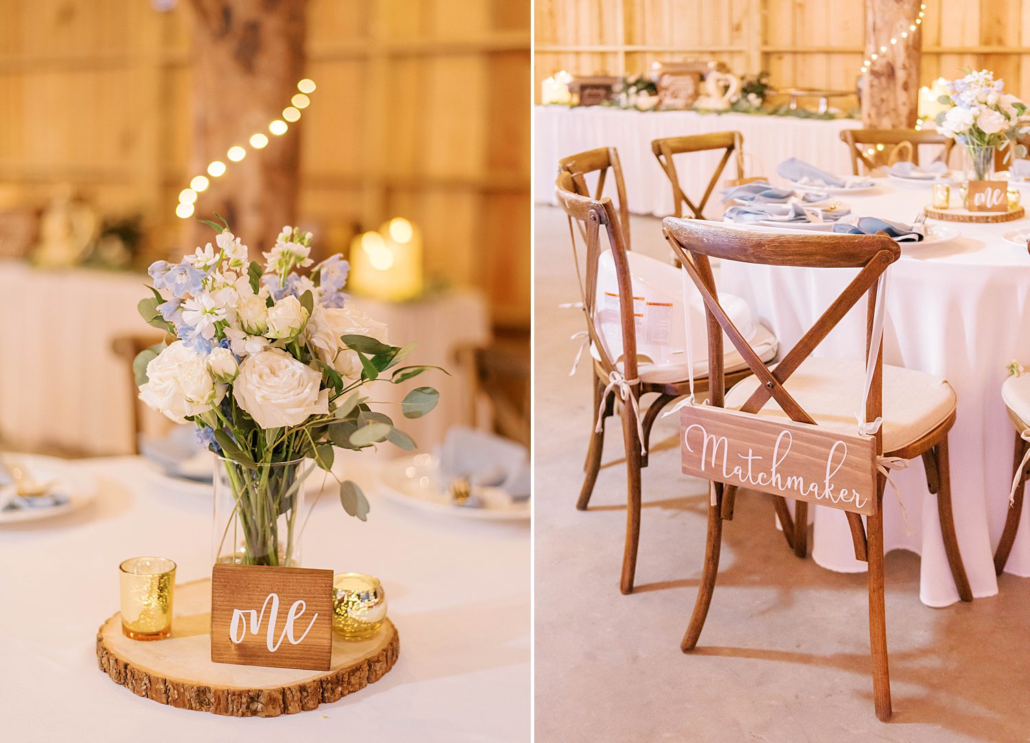 floral centerpiece with wooden sign at The Barn at Lone Oak Acres