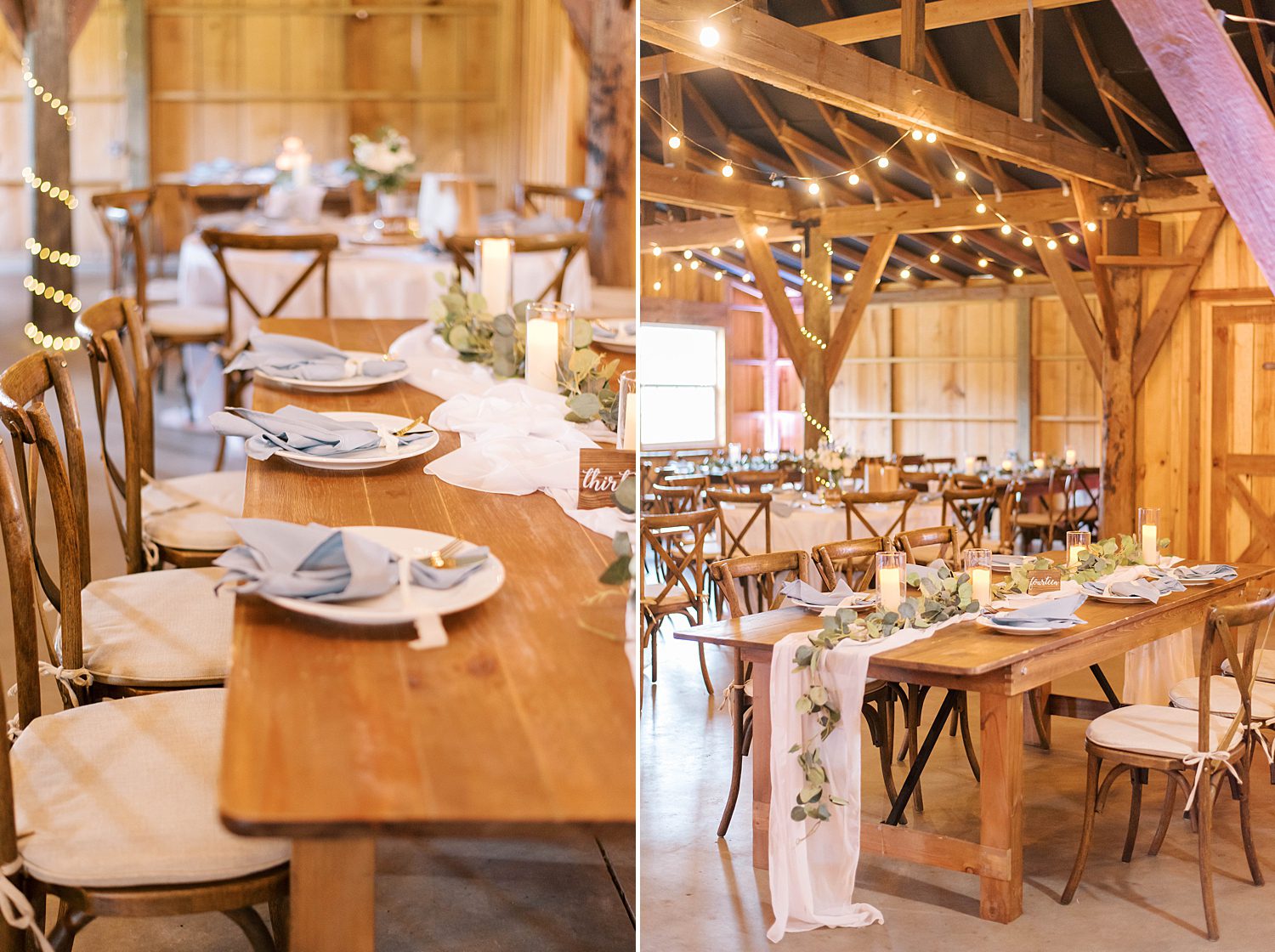 wedding reception with family style seating and lace runner on table at The Barn at Lone Oak Acres