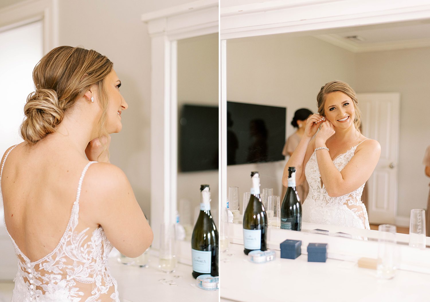 bride smiles in mirror adjusting earring