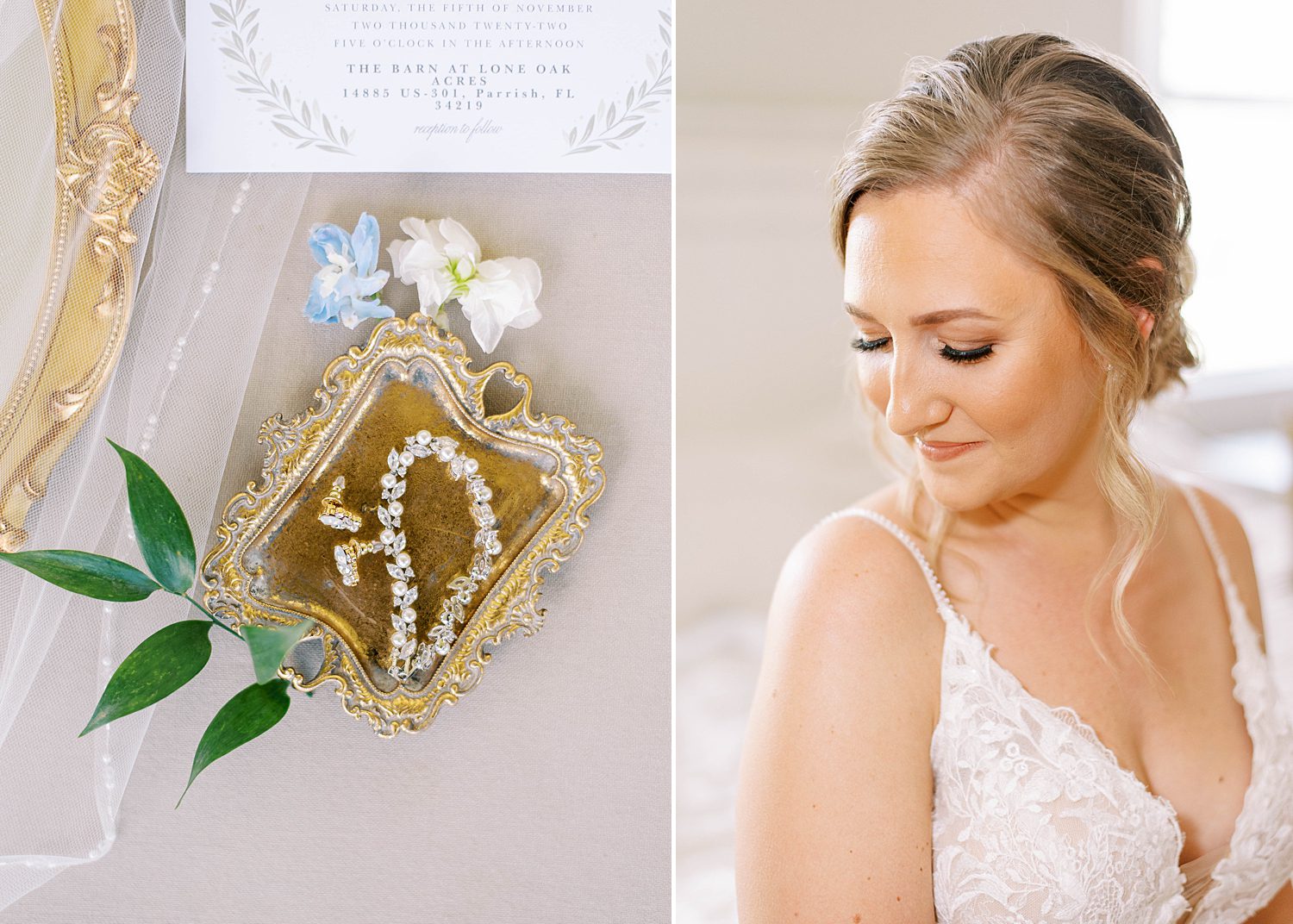 bride smiles over shoulder at strap of wedding own