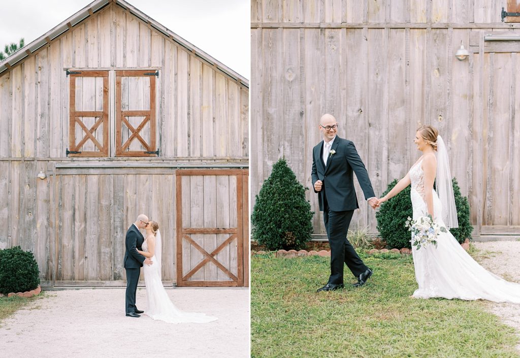 newlyweds hold hands by barn in Tampa FL