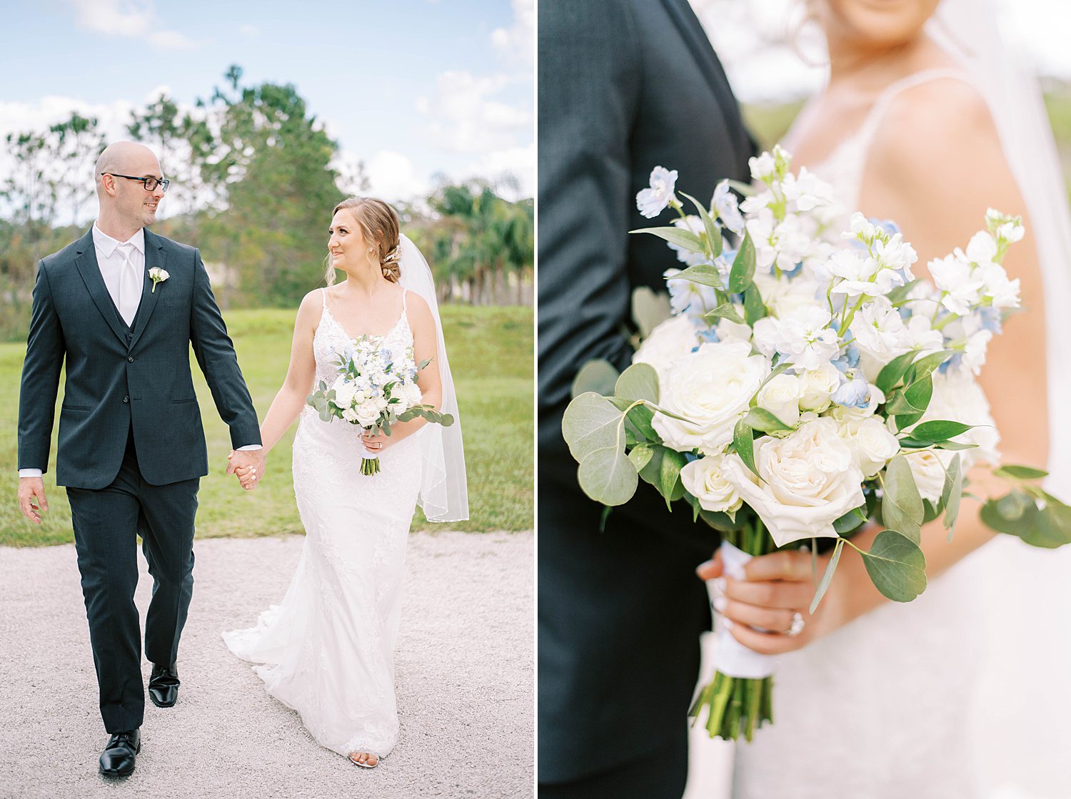newlyweds hold hands while bride carries bouquet of white flowers
