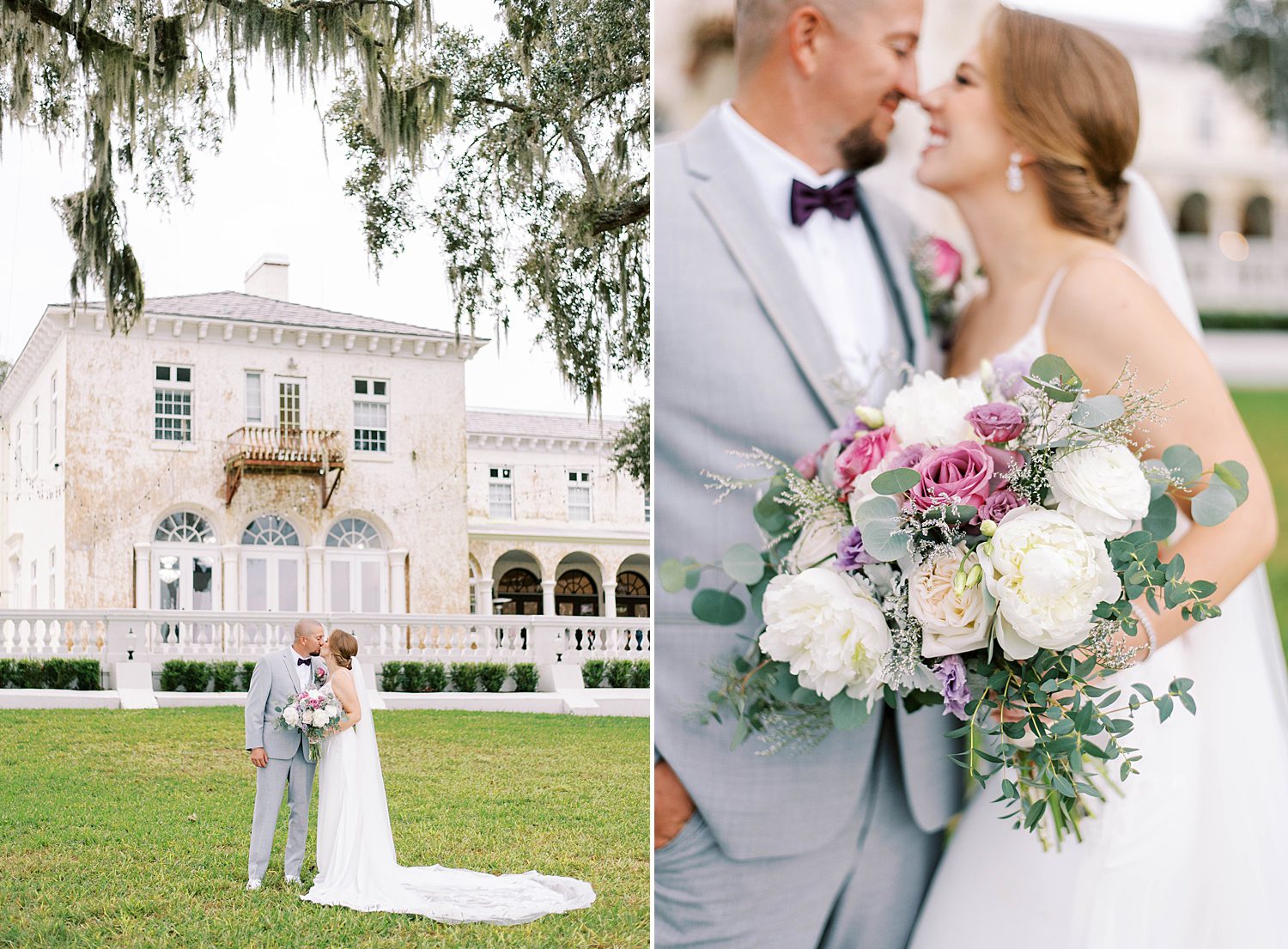 bride and groom hug on lawn with bride's bouquet in front of them at Bella Cosa Lakeside