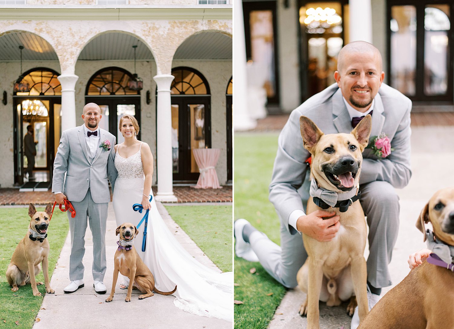 bride and groom pose with dogs at Bella Cosa Lakeside