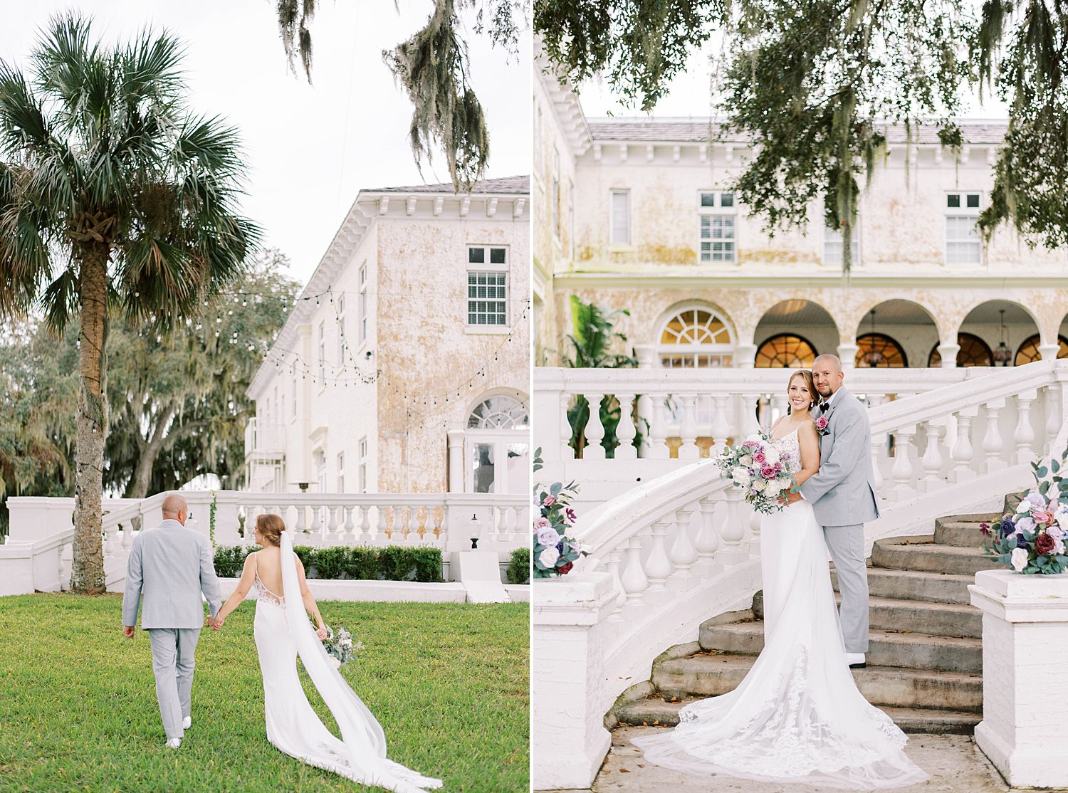 bride and groom hug on steps at Bella Cosa Lakeside