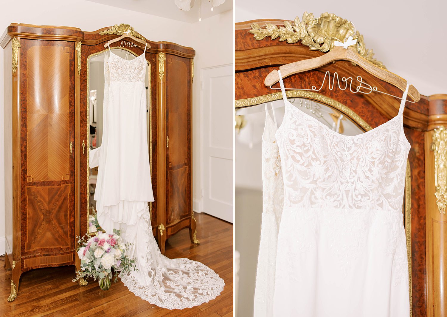 wedding dress hangs on wooden armoire at Bella Cosa Lakeside