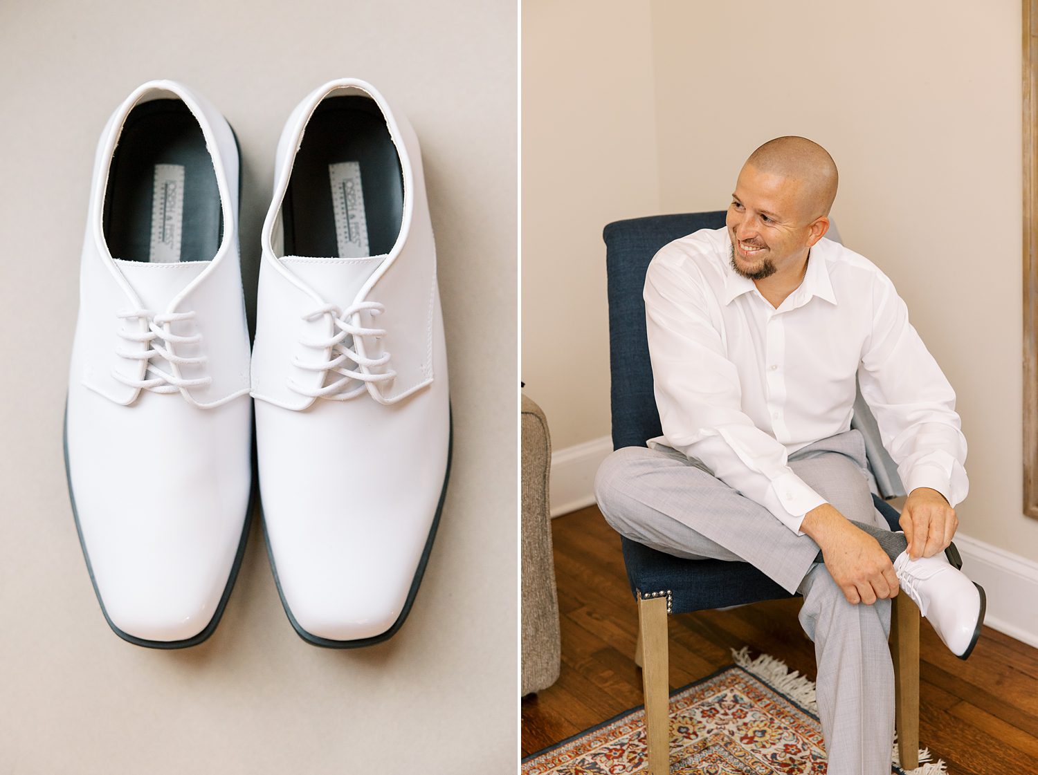 groom puts on white leather shoes for Orlando wedding day