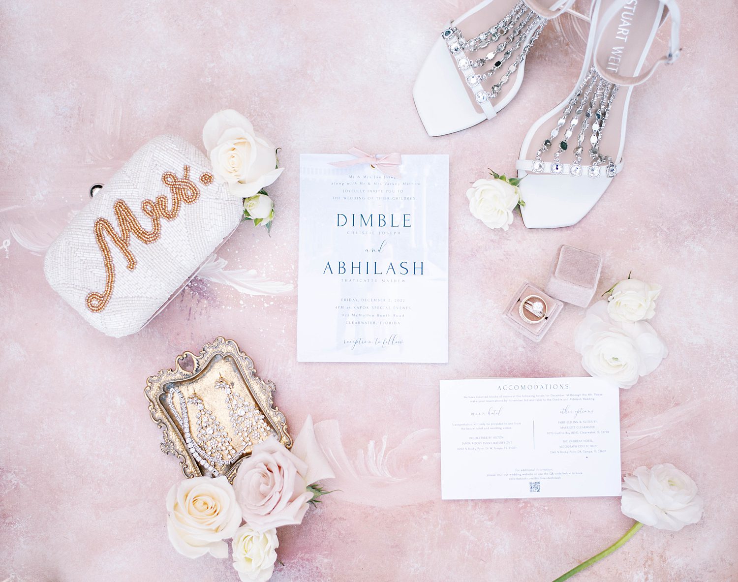 bride's shoes, invitation and clutch for winter Kapok Wedding