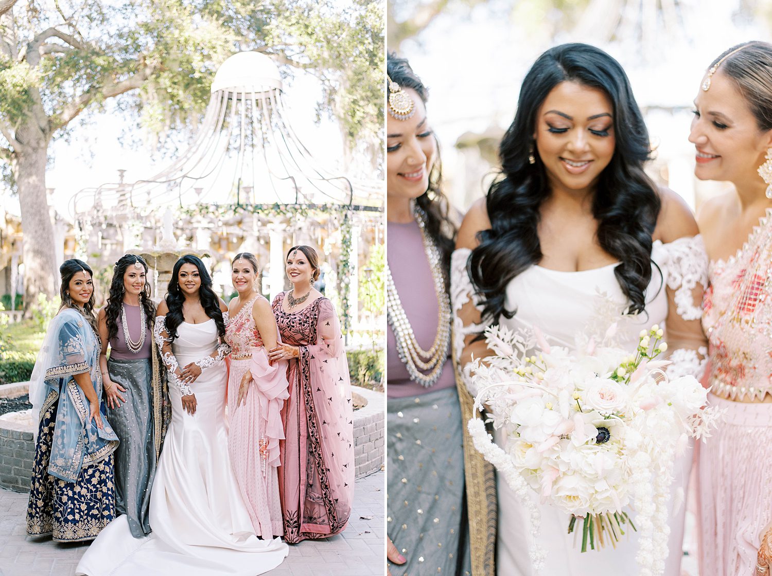 bride poses with bridesmaids in traditional Indian dresses