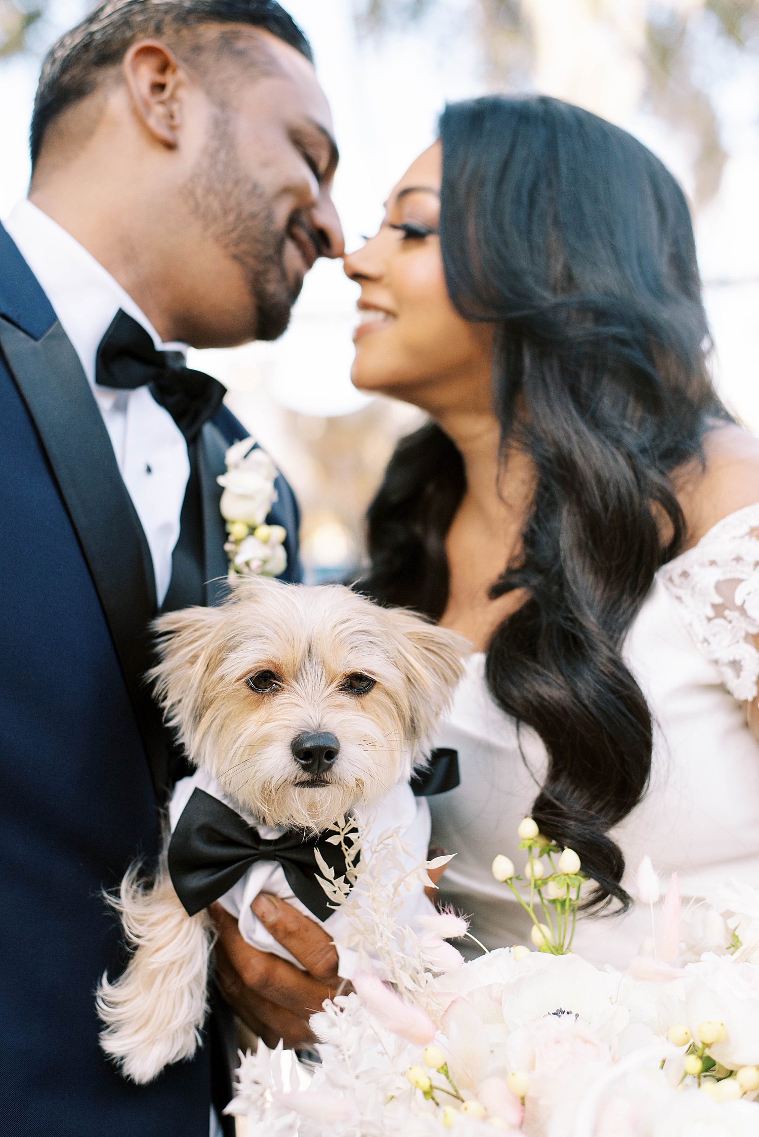 husband and wife lean to kiss while holding dog in a tux