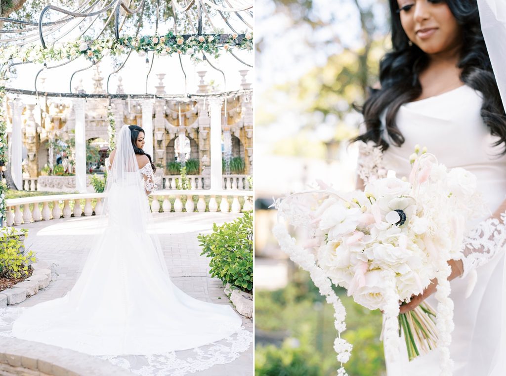 bride holds bouquet of white flowers in gazebo at Kapok Special Events