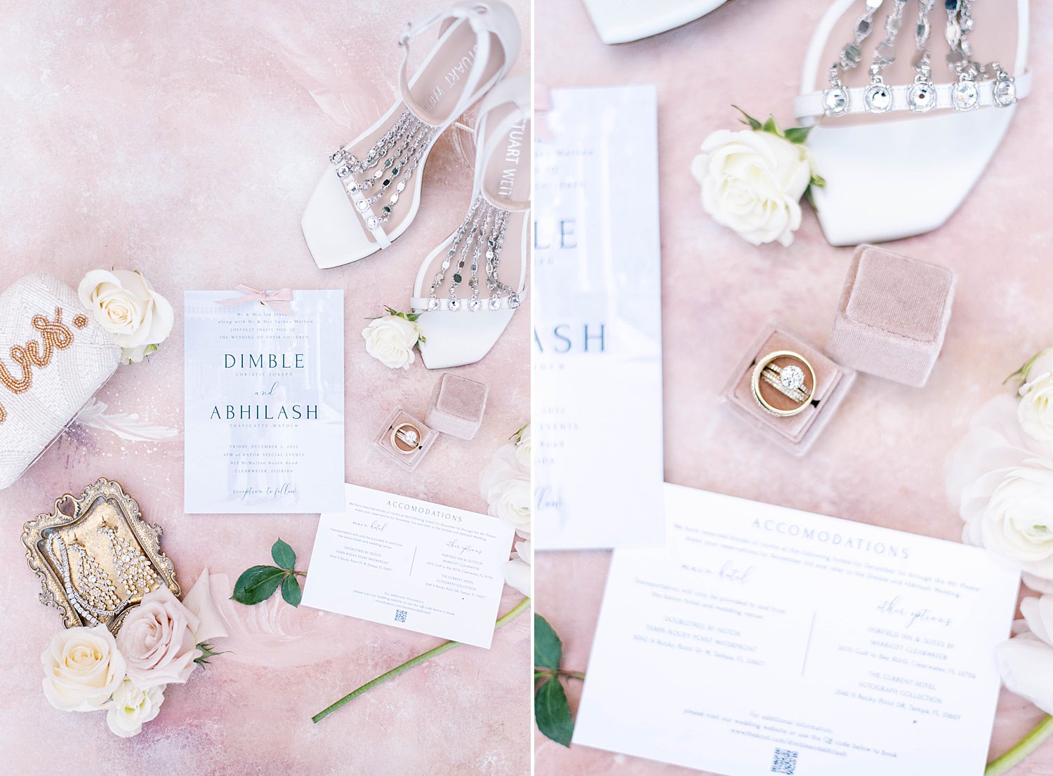bride's jewelry and invitation suite for winter wedding day