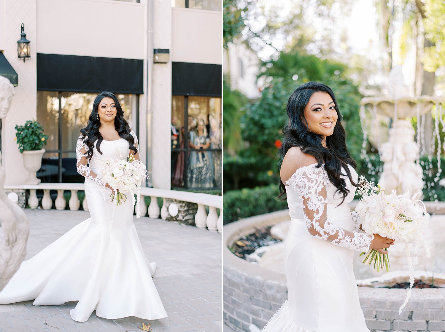 bride walks in off-the-shoulder lace detailed wedding gown