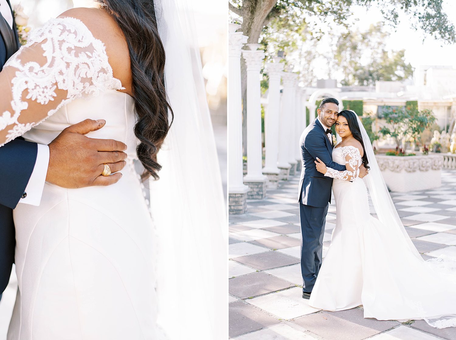 groom hugs bride to him in courtyard holding her hip