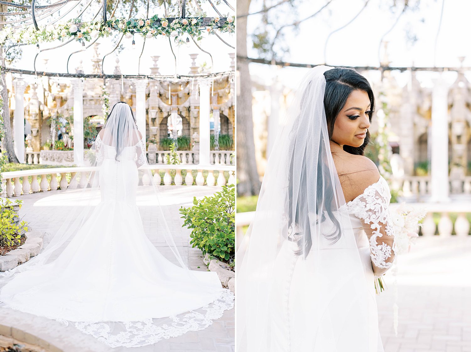 bride looks over shoulder of off-the-shoulder gown