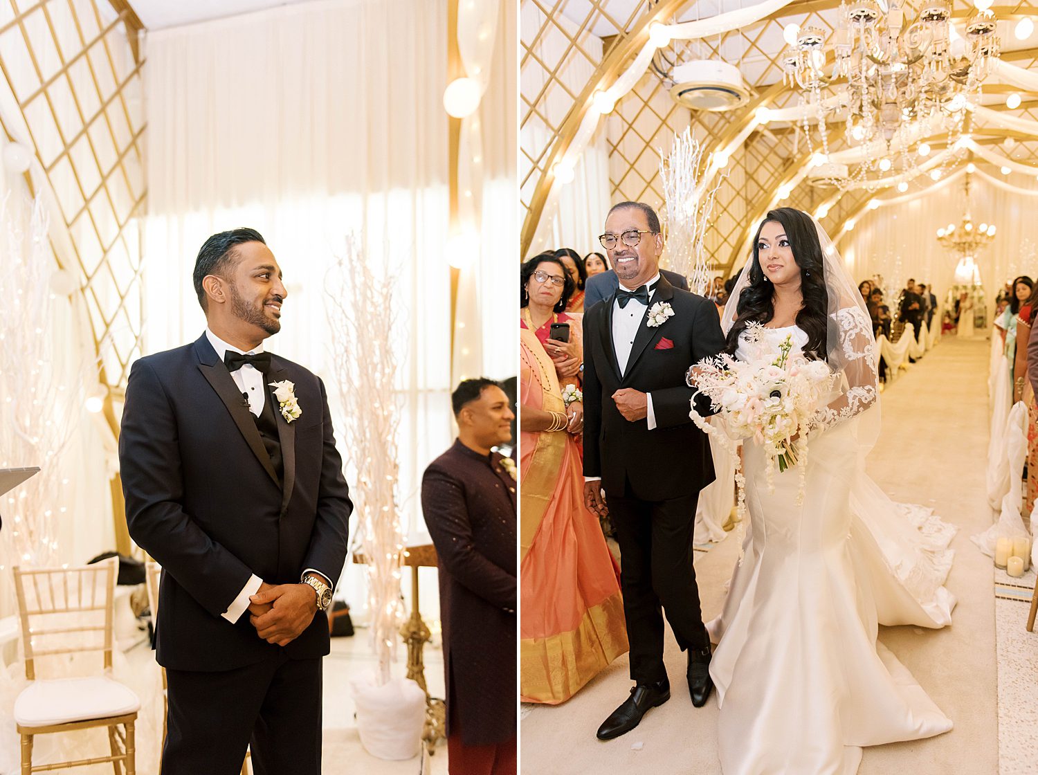 groom watches bride walk into ceremony with father at Kapok Special Events