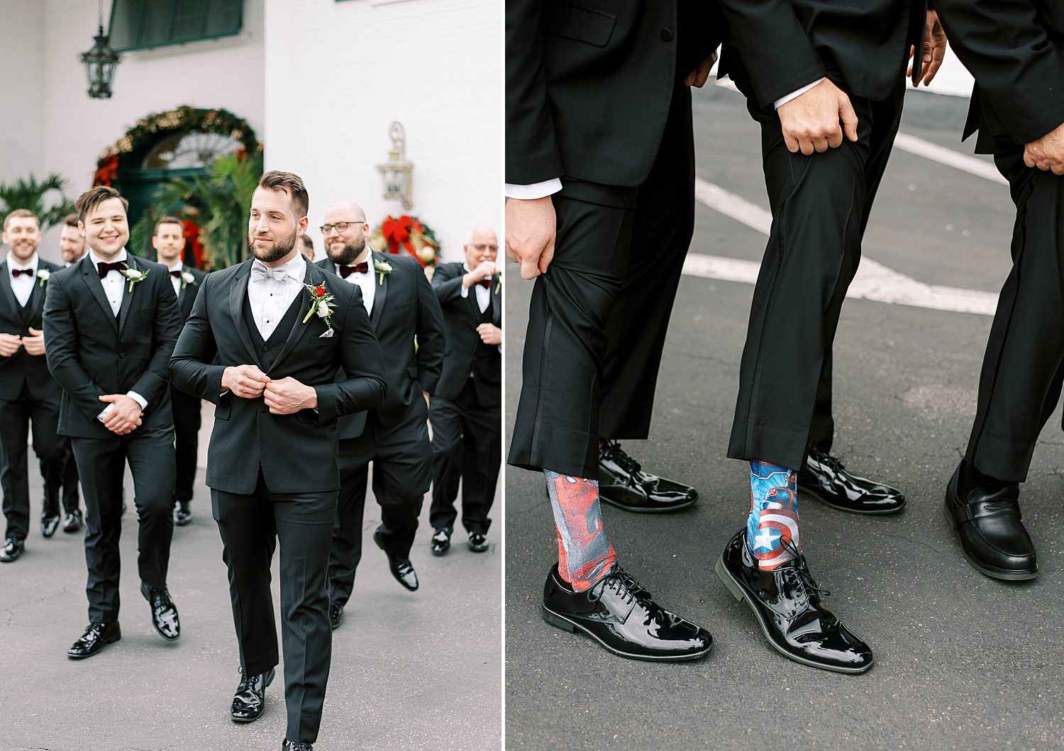 groom walks with groomsmen and shows off custom socks 
