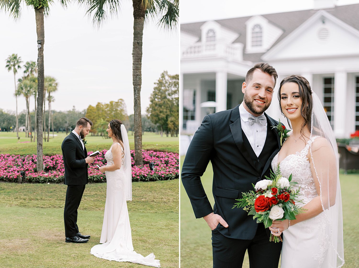 bride and groom read vows during first look
