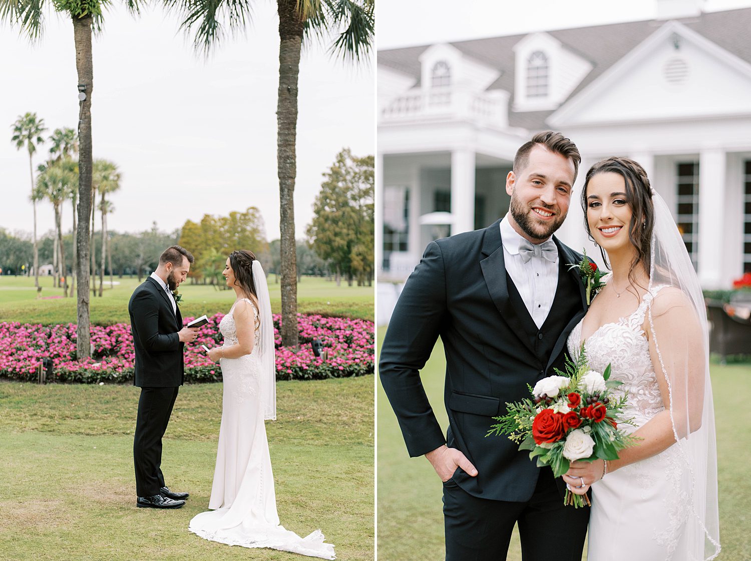 bride and groom read vows during first look 