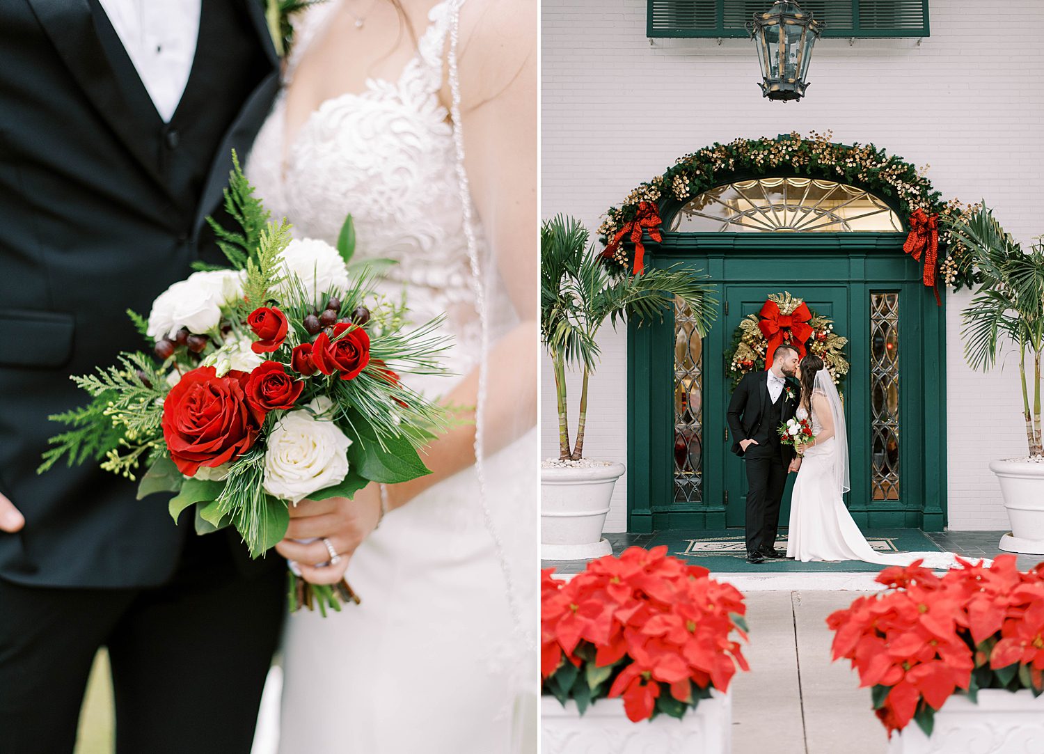 bride holds bouquet of red and white roses for Christmas wedding 