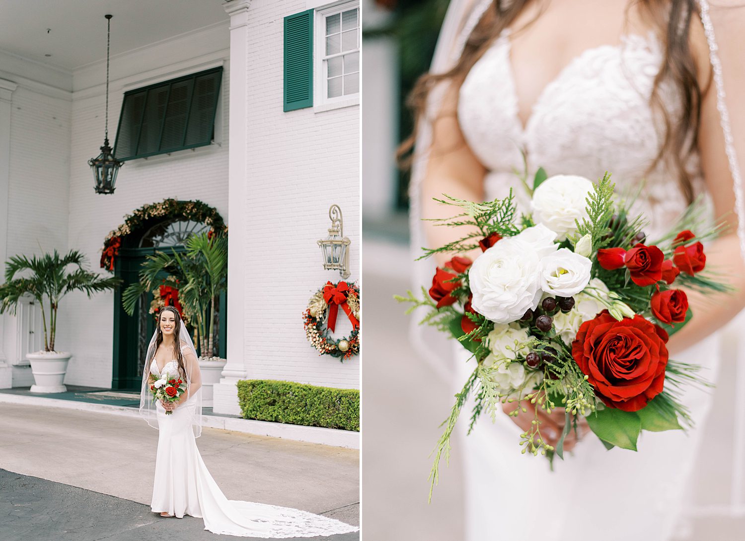 bride holds bouquet of red and white roses outside Palma Ceia Country Club