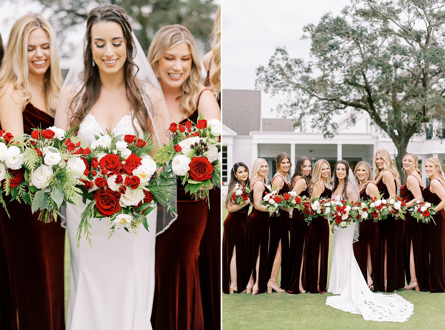 bridesmaids in velvet gowns pose on lawn at Palma Ceia Country Club