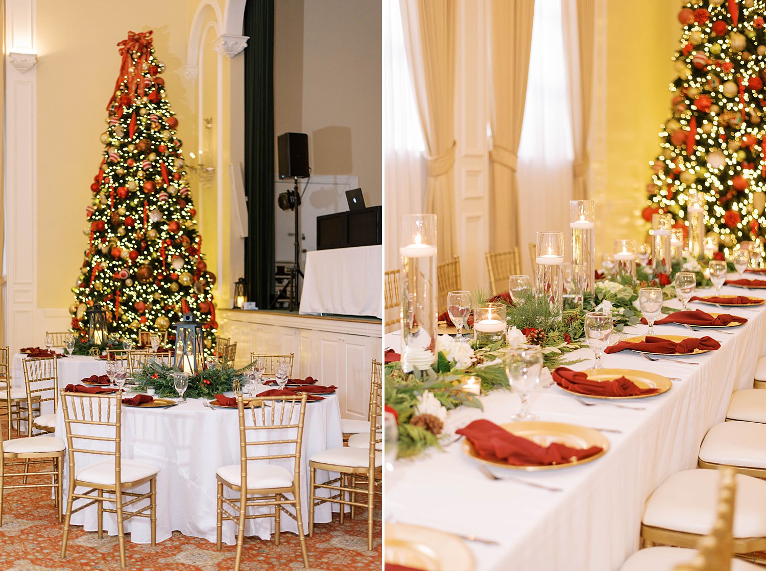 wedding reception with Christmas tree in background at Palma Ceia Country Club