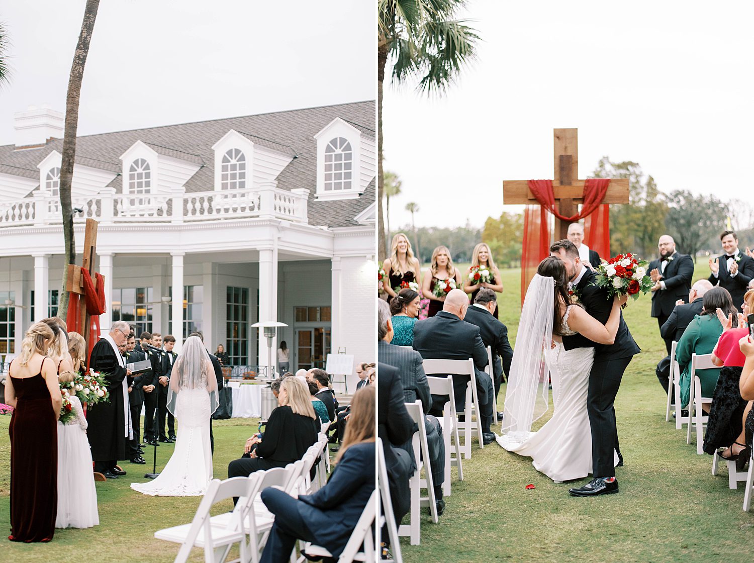 bride and groom kiss during ceremony on lawn at Palma Ceia Country Club