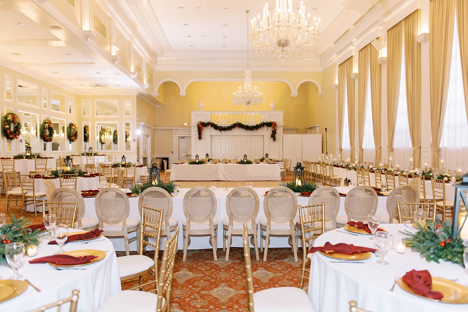 Palma Ceia Country Club wedding reception with red, gold, and green details