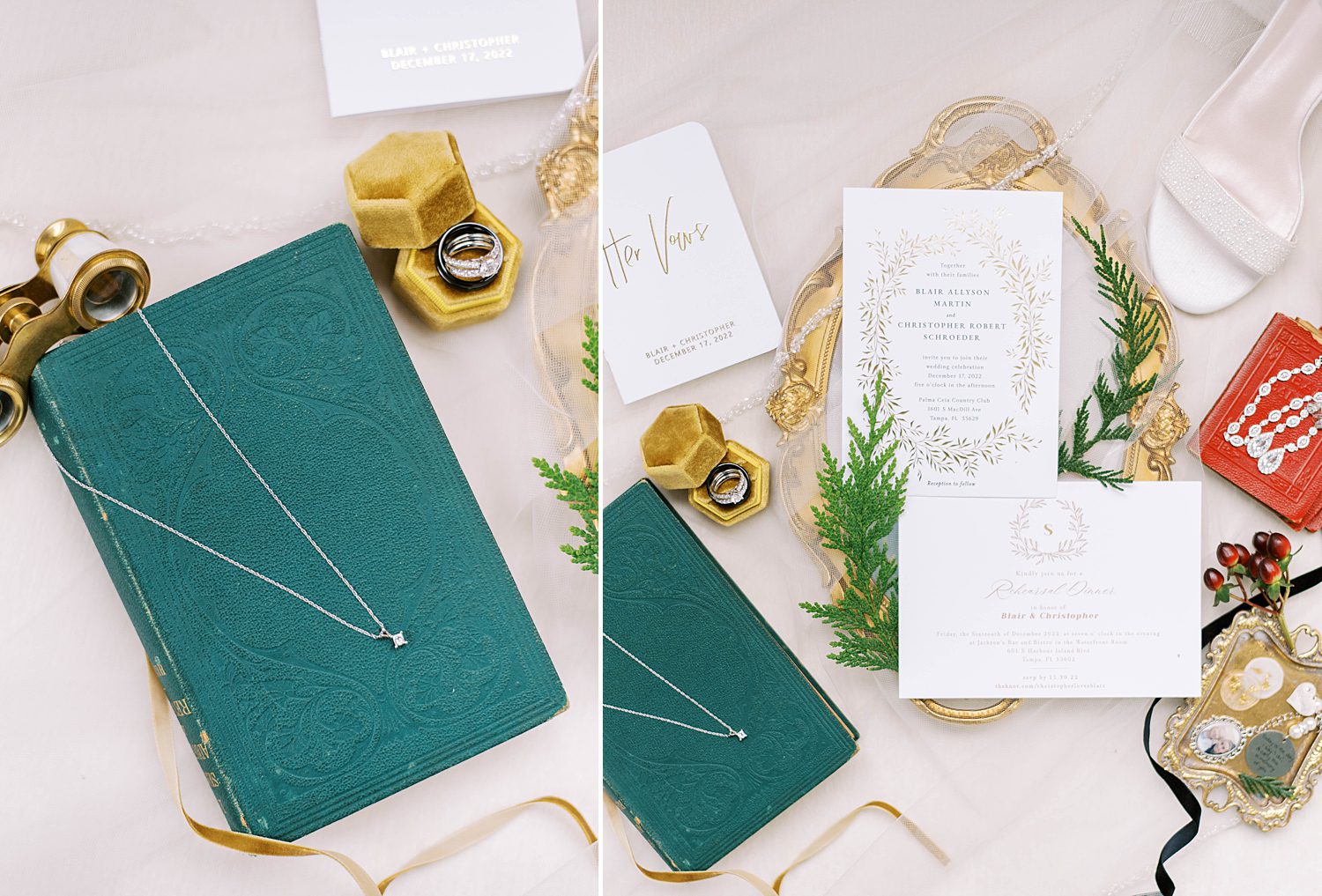 invitation and vow booklets for Christmas wedding in Tampa FL