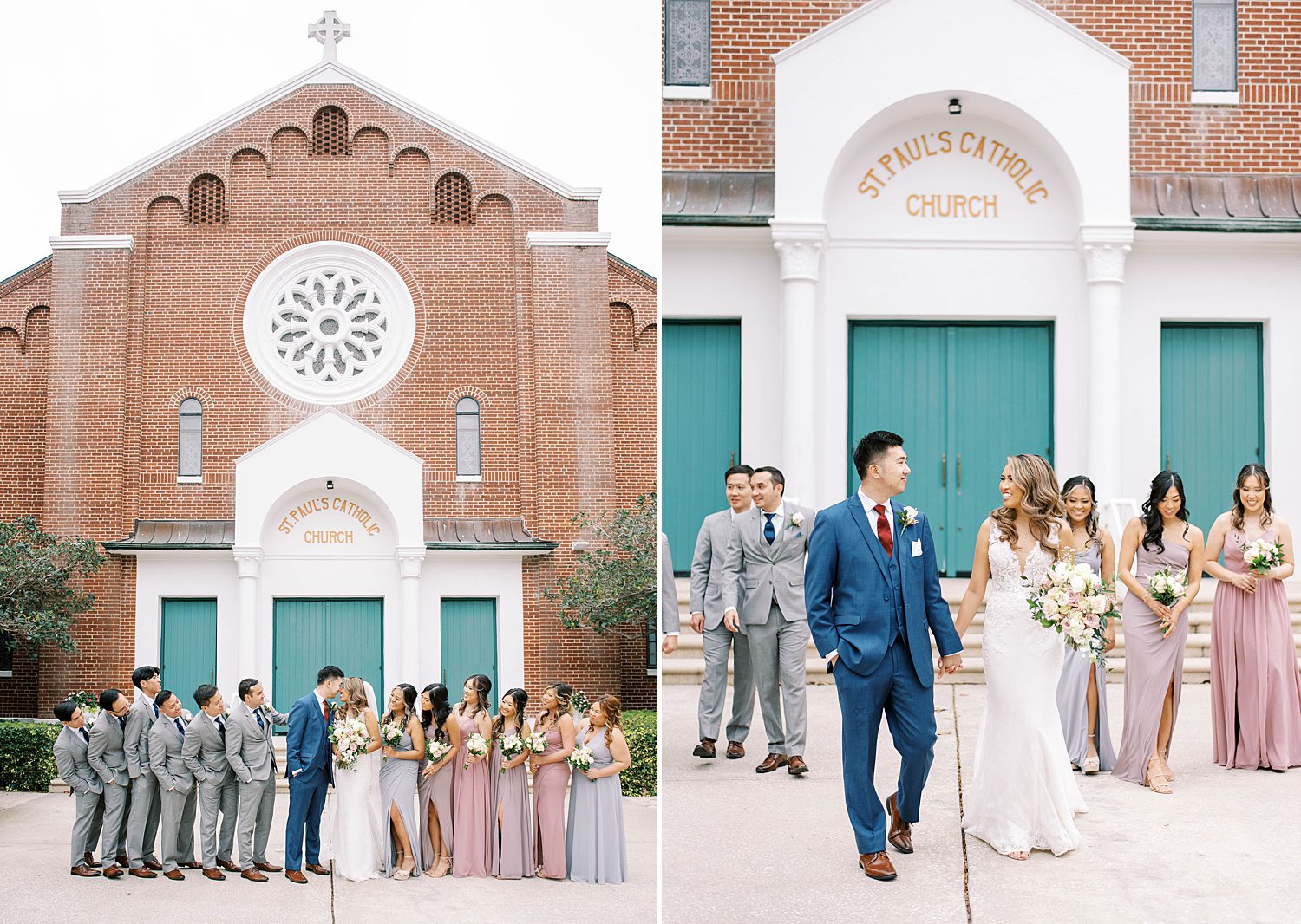 newlyweds hold hands walking with wedding party by teal doors at St. Paul's Catholic Church in Tampa FL