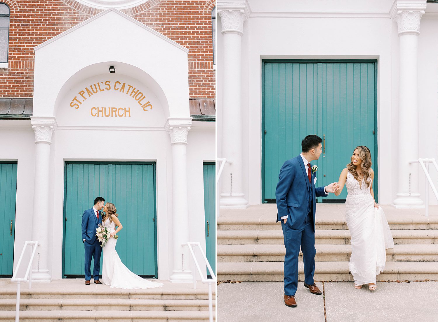 newlyweds walk down steps by teal doors at St. Paul's Catholic Church in Tampa FL