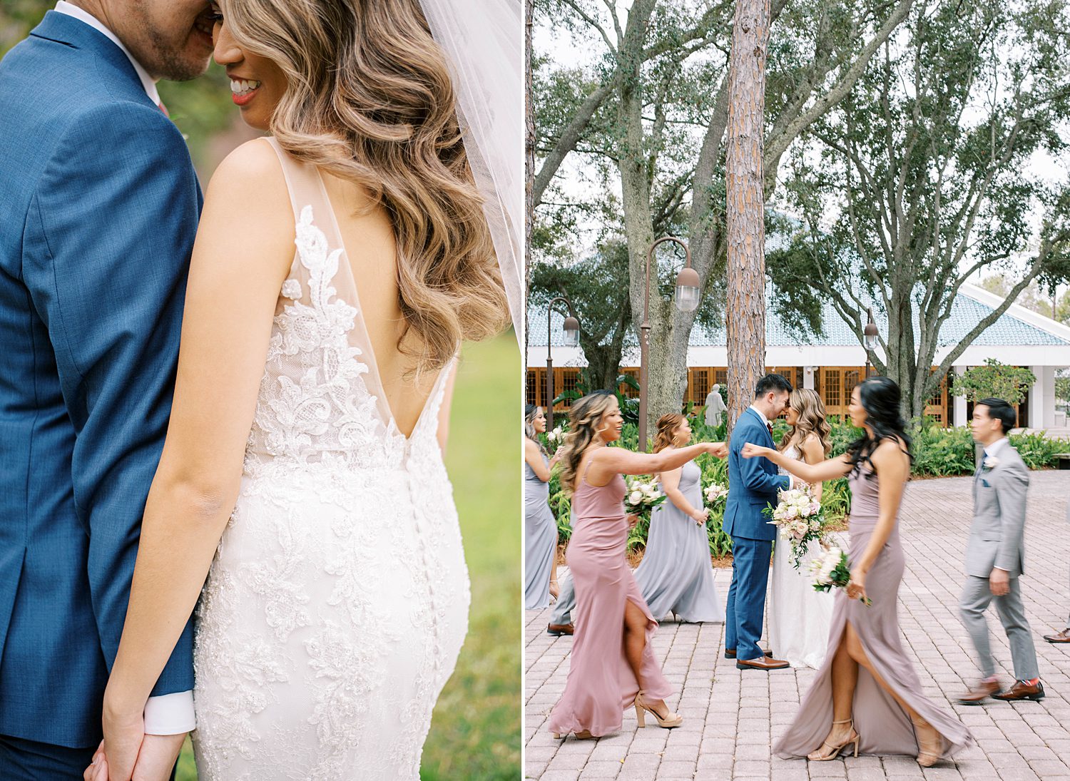 bride and groom hold hands while wedding party walks around them 